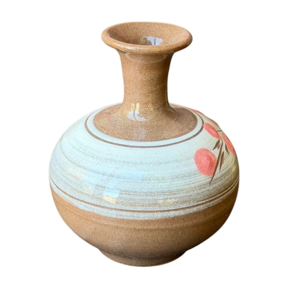 Vintage Studio Pottery Bud Vase Hand Painted Pink Floral Stoneware Earthy Boho